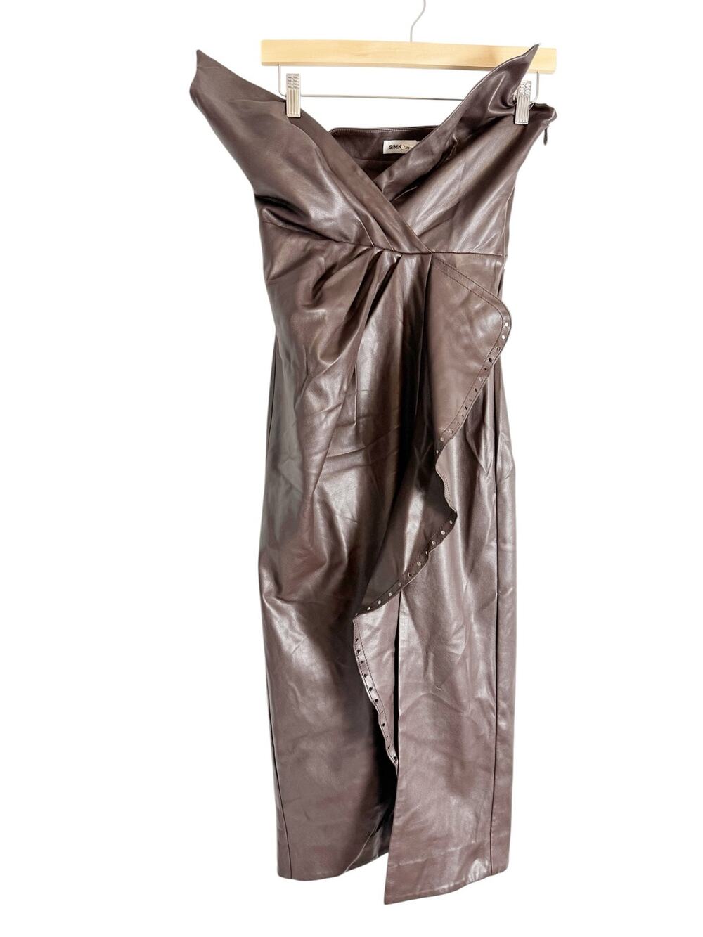 Simkhai Carkee Brown Faux Leather Faux Wrap Draped Strapless Midi Dress Small